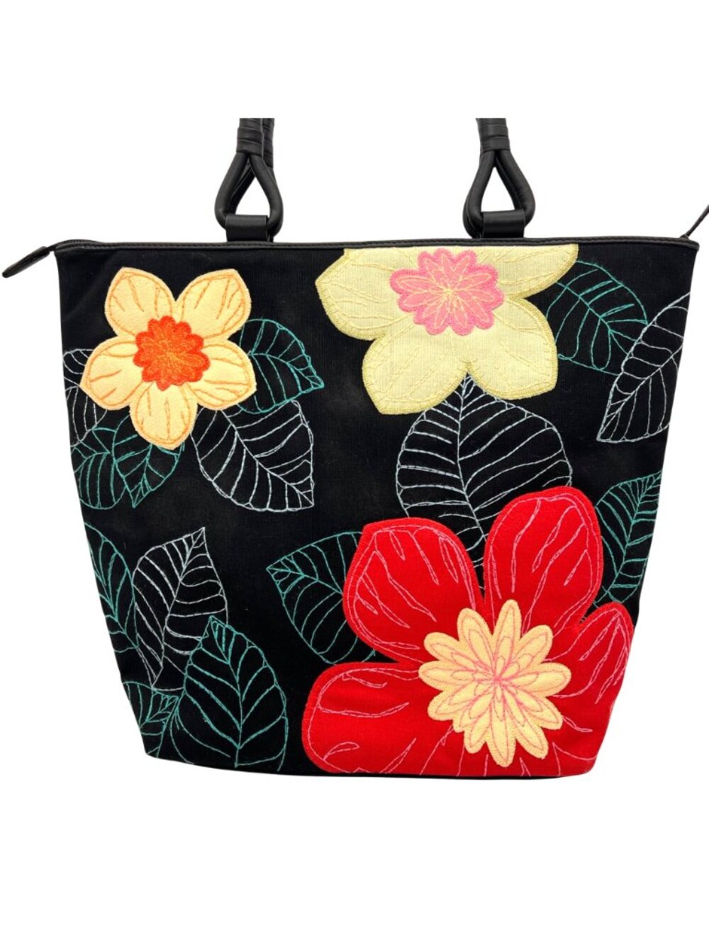 Talbots Floral Embroidered Black Tote Bag With Red & Yellow Flowers 11"x10"x5" - Picture 5 of 14